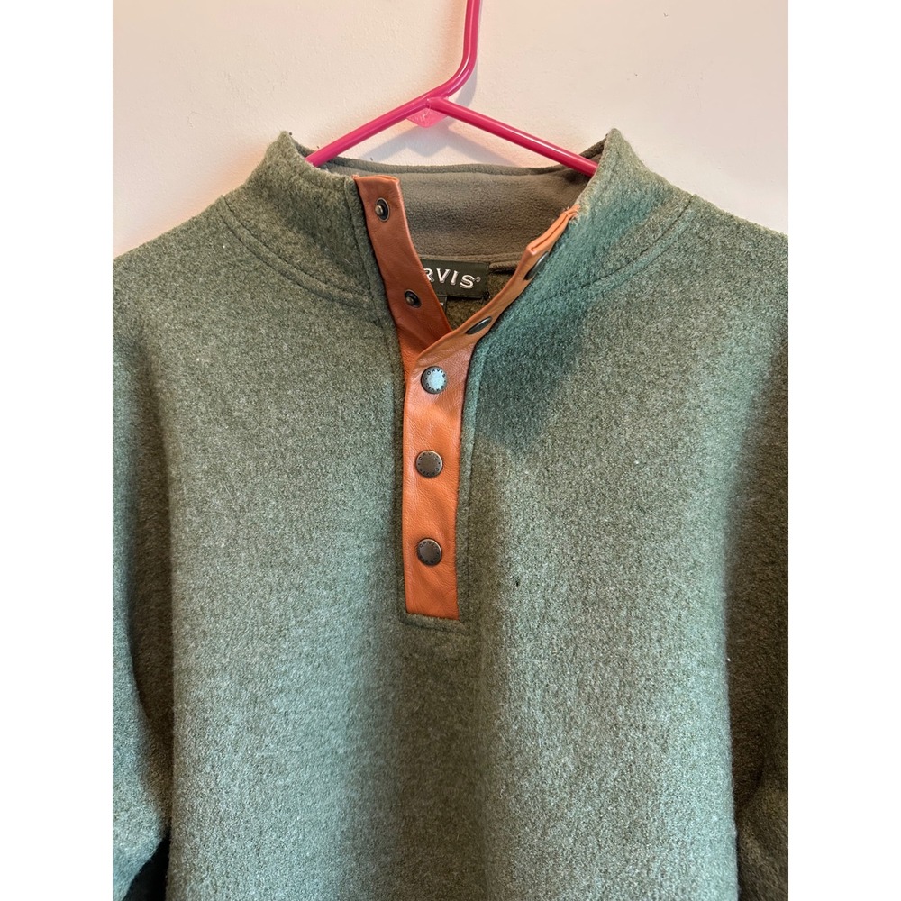 Orvis Mens XL Merino Wool Quarter Snap Pullover Sweater Leather Patch Green - Picture 2 of 8